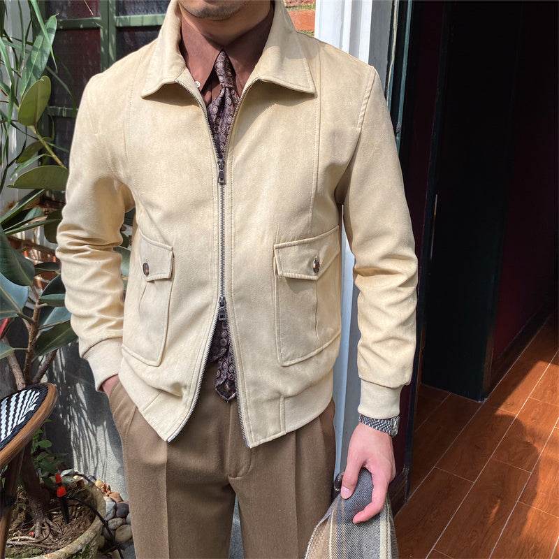 Suede Coffee Bomber Jacket For Man - Mubimart