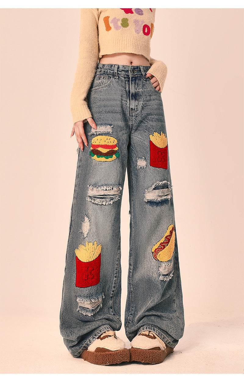 Ripped Jeans Women Loose Straight Wide Leg Oversized Trousers - Mubimart