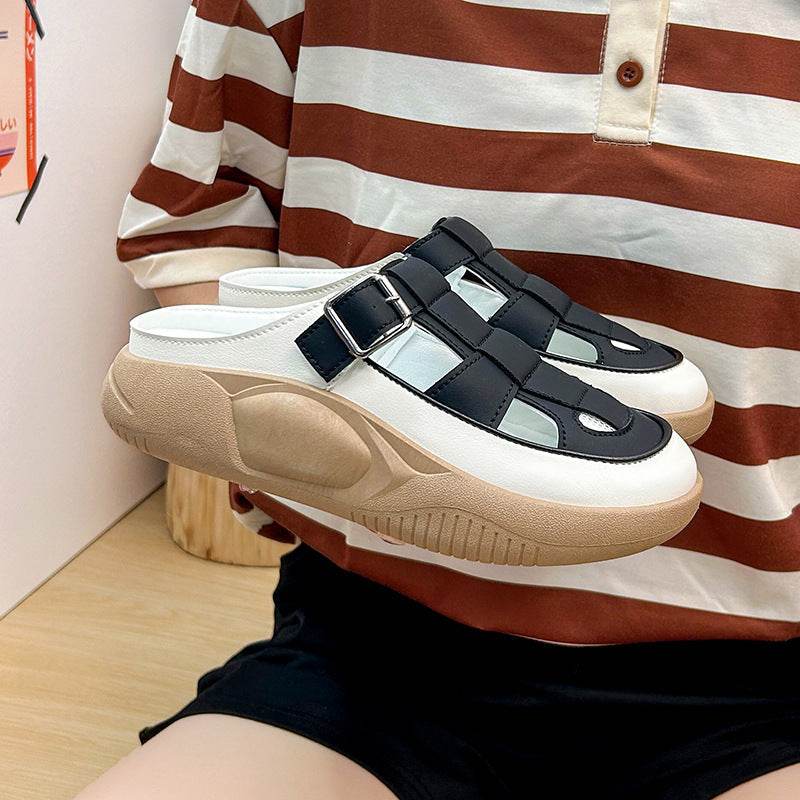 Thick-soled Closed-toe Slippers Summer Outdoor Garden Hollow Buckle Slide Sandals Casual Beach Shoes - Mubimart