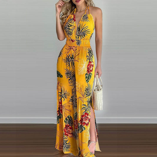 Printed Suspender Dress Plus Size Loose Jumpsuit - Mubimart