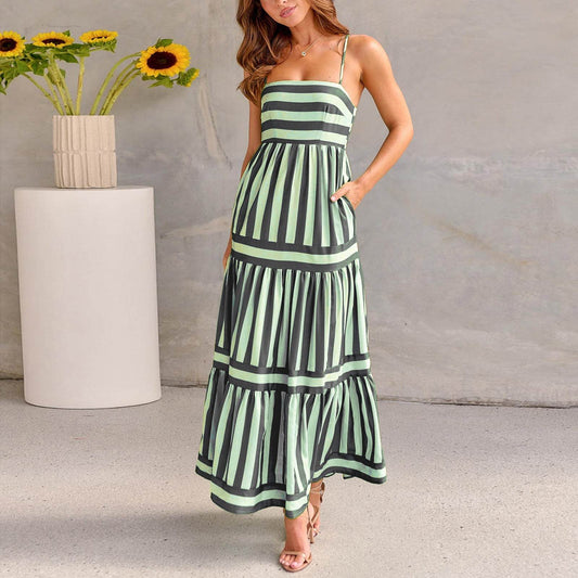 Summer Striped Printed Suspender Long Dress With Pockets Fashion Square Neck Backless Dresses For Beach Vacation Women Clothing - Mubimart