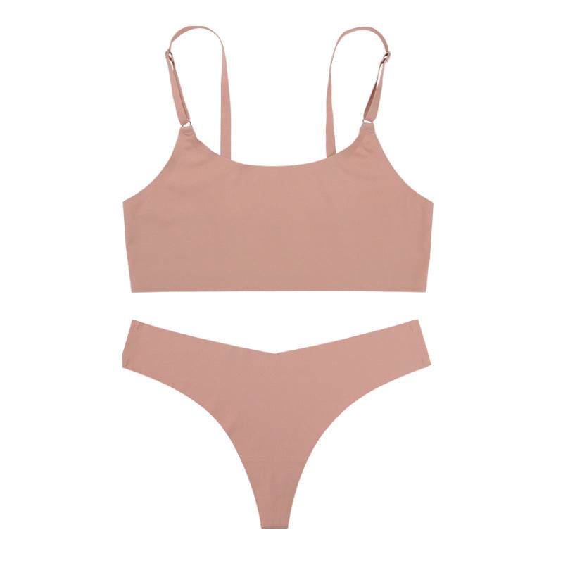 Women Seamless Bra Set Sexy Thong Low Waist Panties Wire Free Bra Bralette Lingerie Brassiere Ice Silk Female Underwear Set - Mubimart