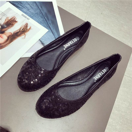 Fashion Pumps Flat Bottom Flat Heel Comfortable Sequins Shiny Pumps - Mubimart