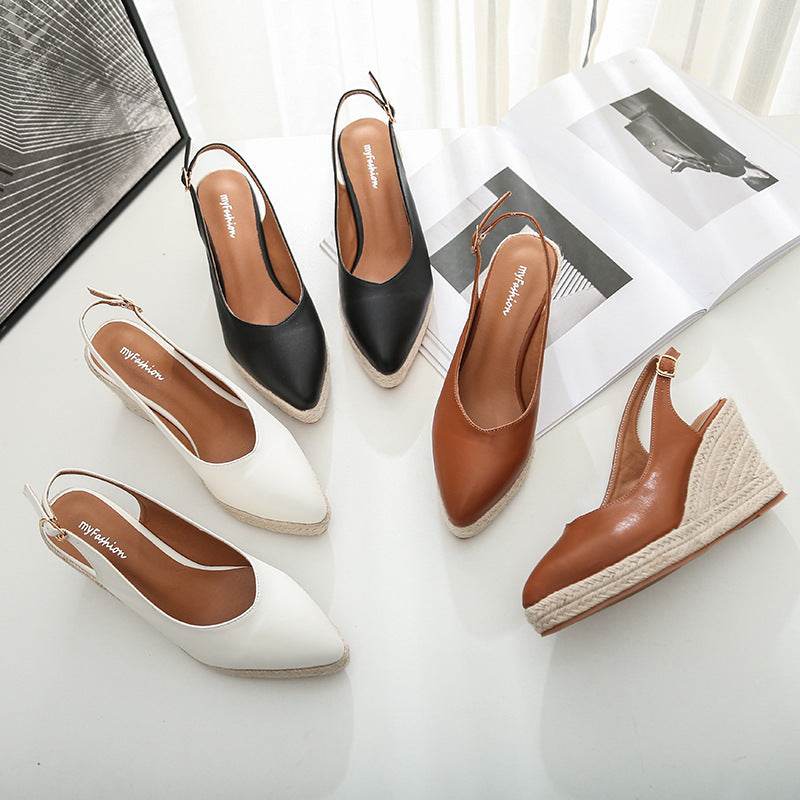 Women's Retro Straw High Heels Wedge Heel Baotou Drag One Word Strap - Mubimart