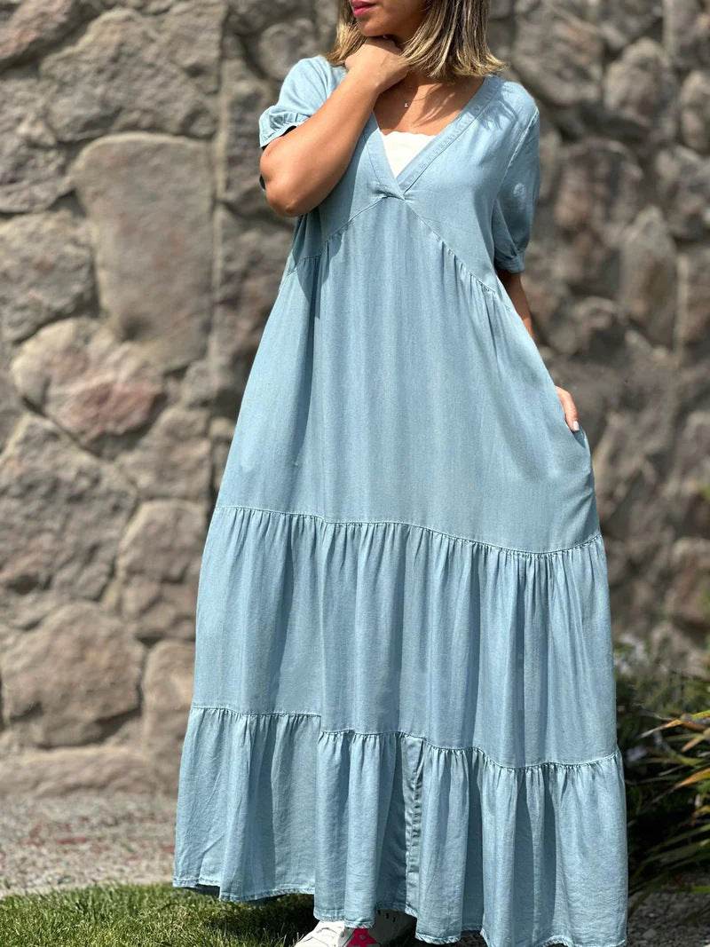 European And American Plus Size Women's Clothes Faux Denim Solid Color And V-neck Long Dress - Mubimart