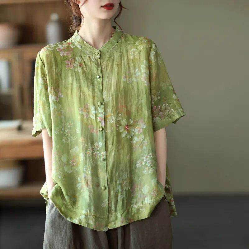 Vintage Digital Printed Cotton Linen Blouse For Women - Mubimart
