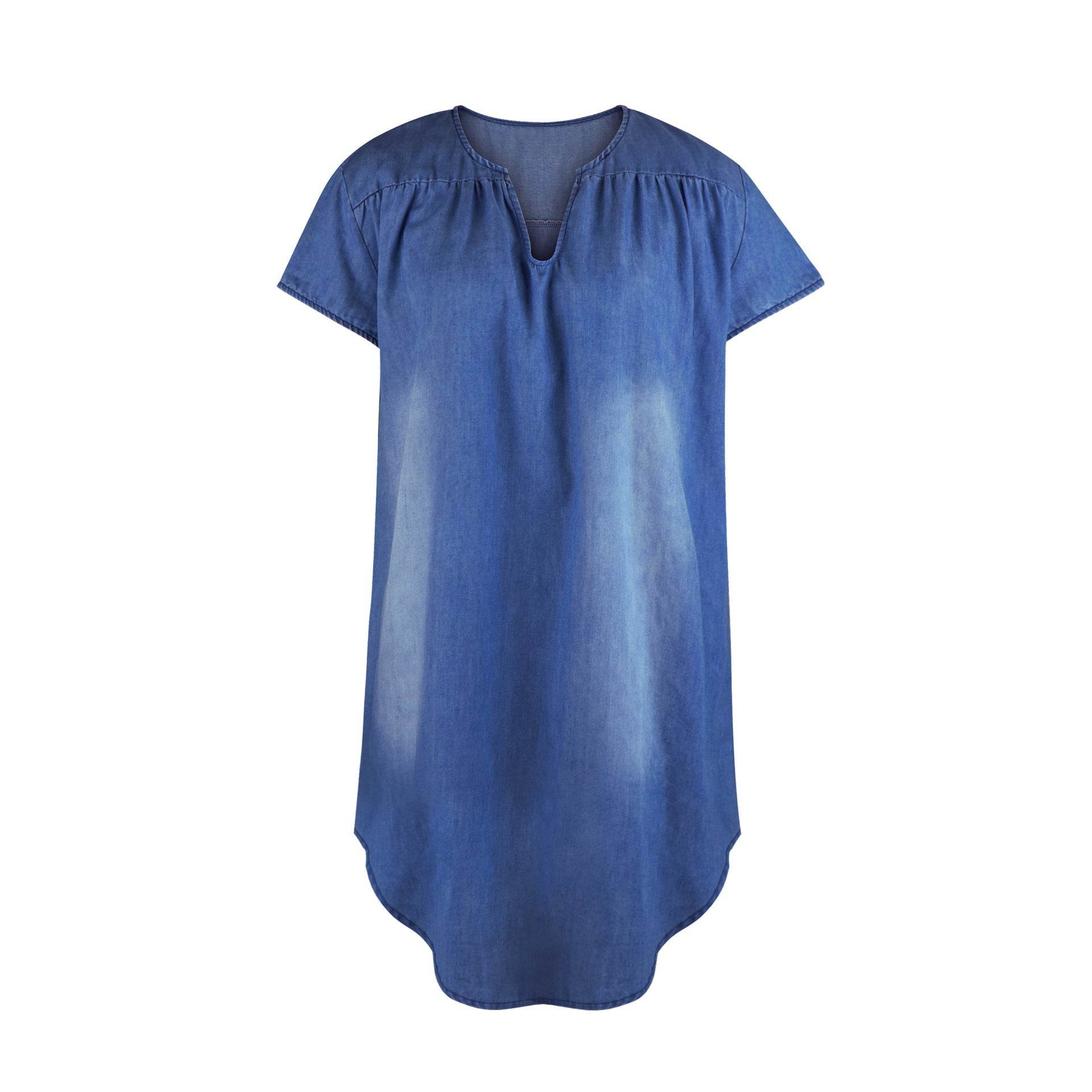 Round Neck Pleated Loose Solid Color Casual Plus Size Denim Dress - Mubimart