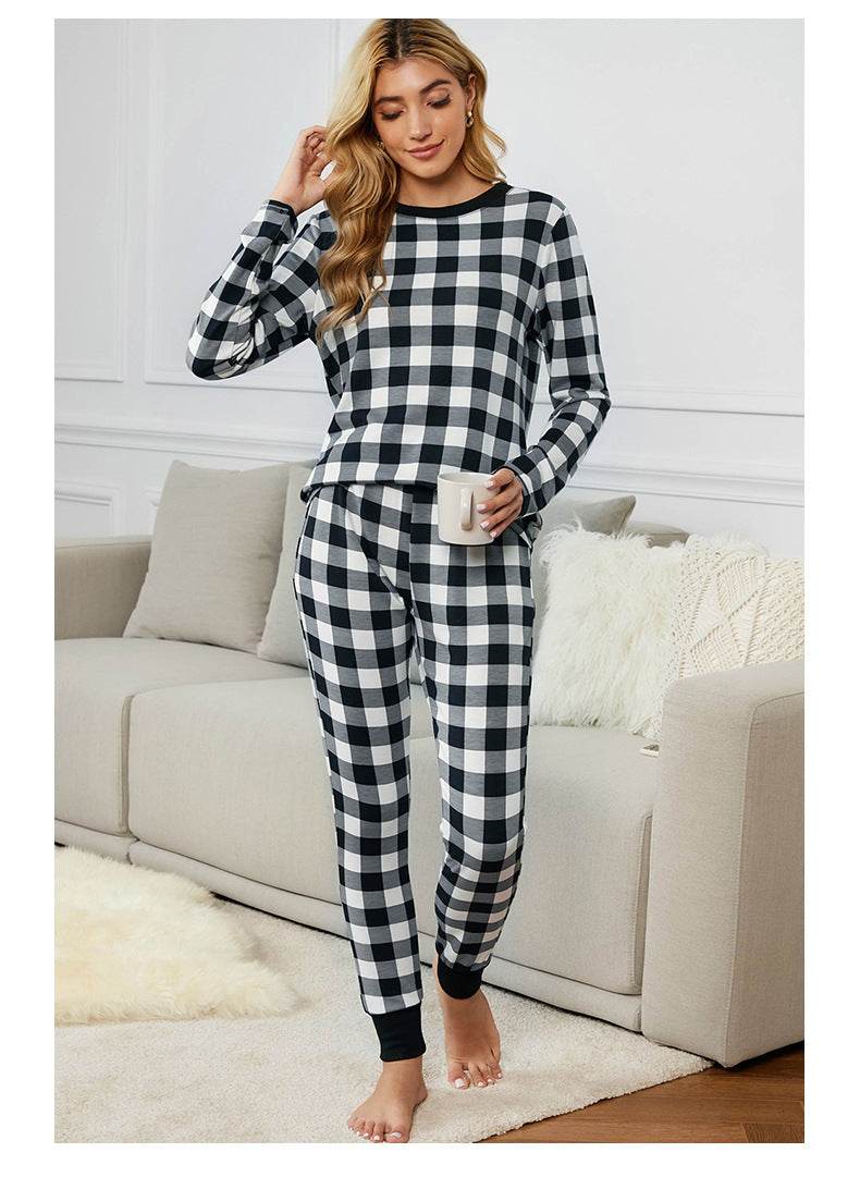 Christmas Long-sleeved Trousers Loungewear Suit Plaid Contrast Color Home Pajamas For Women - Mubimart