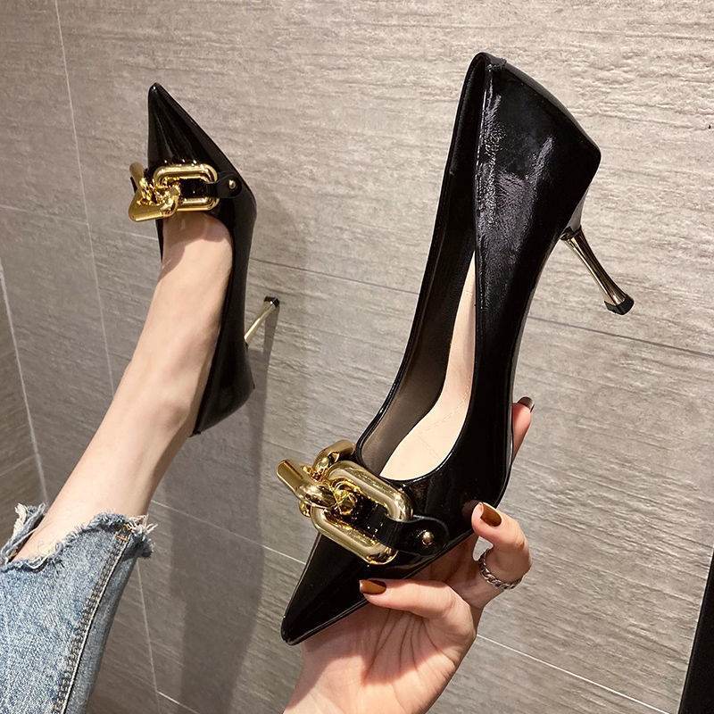 New Girl Point Net Red French High Heels Stiletto Black Work Shoes - Mubimart