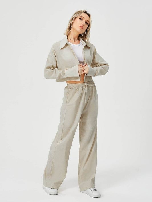 Women Two Piece Outfits For Women Long Sleeve Button Down Wide Leg Loungewear Pajama Set - Mubimart