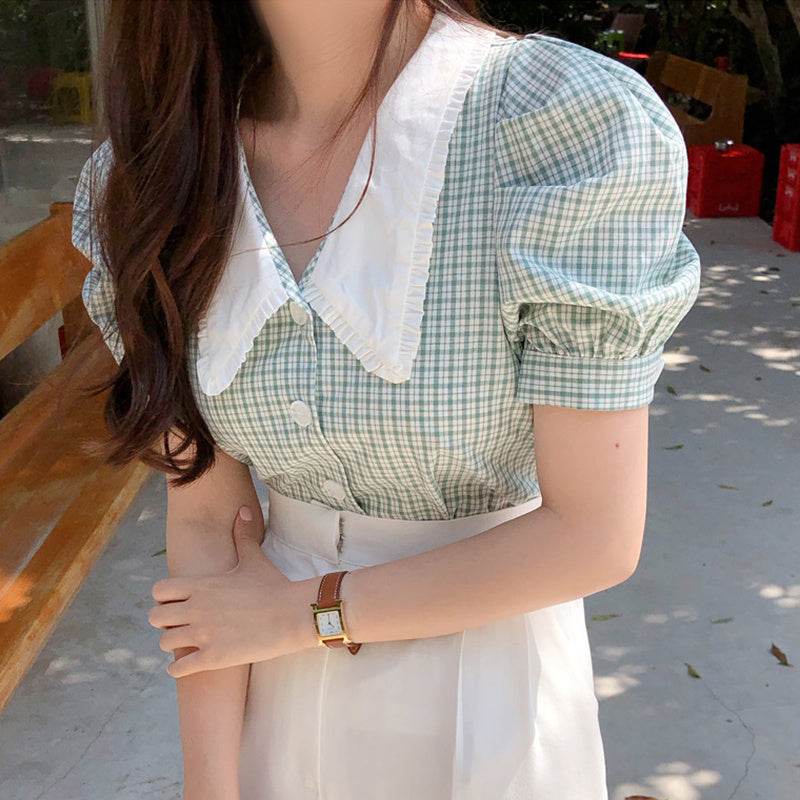 Puff Sleeve Blouse Women Retro Plaid Doll Collar Shirt - Mubimart
