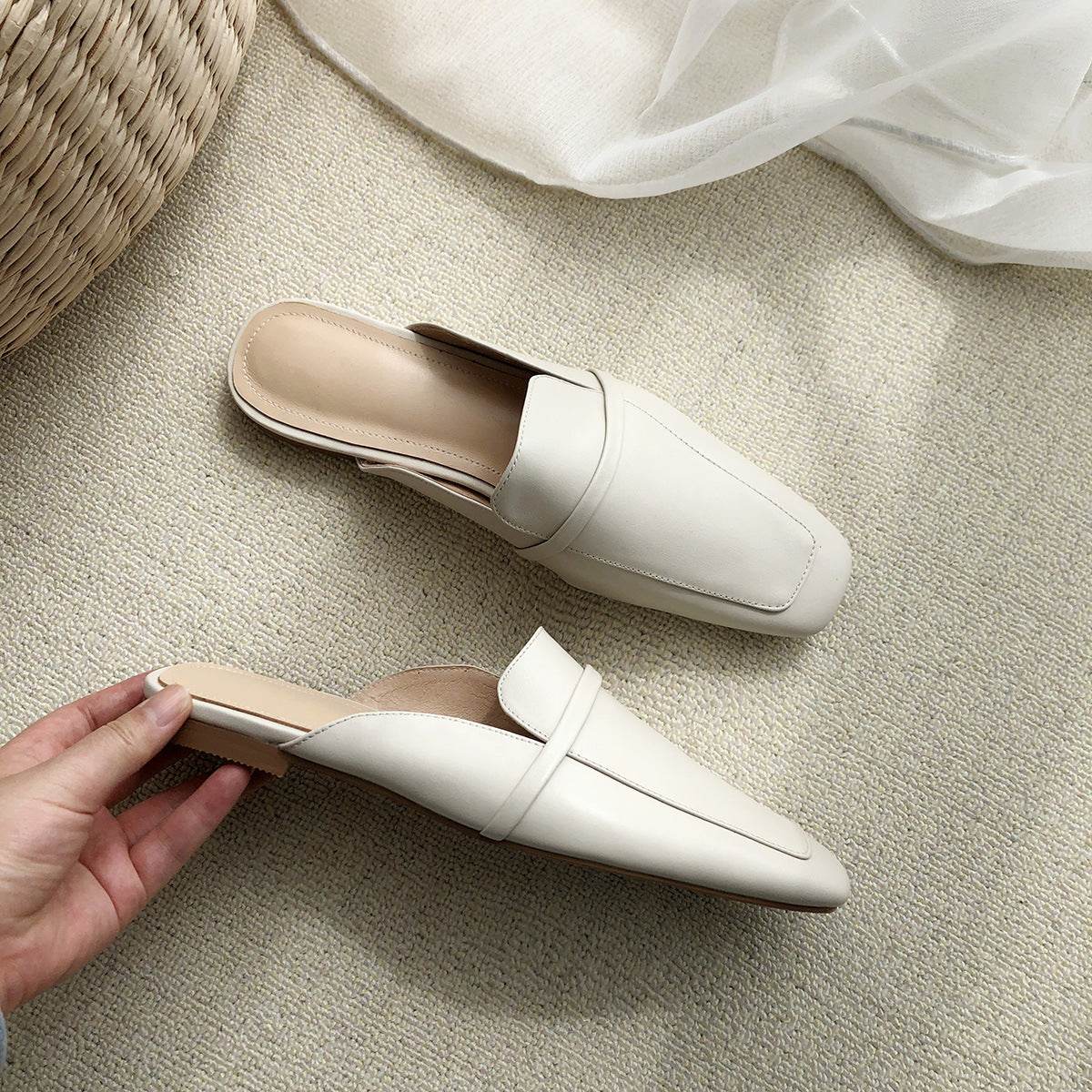 Flat Half Drag Square Toe Leather Mules - Mubimart