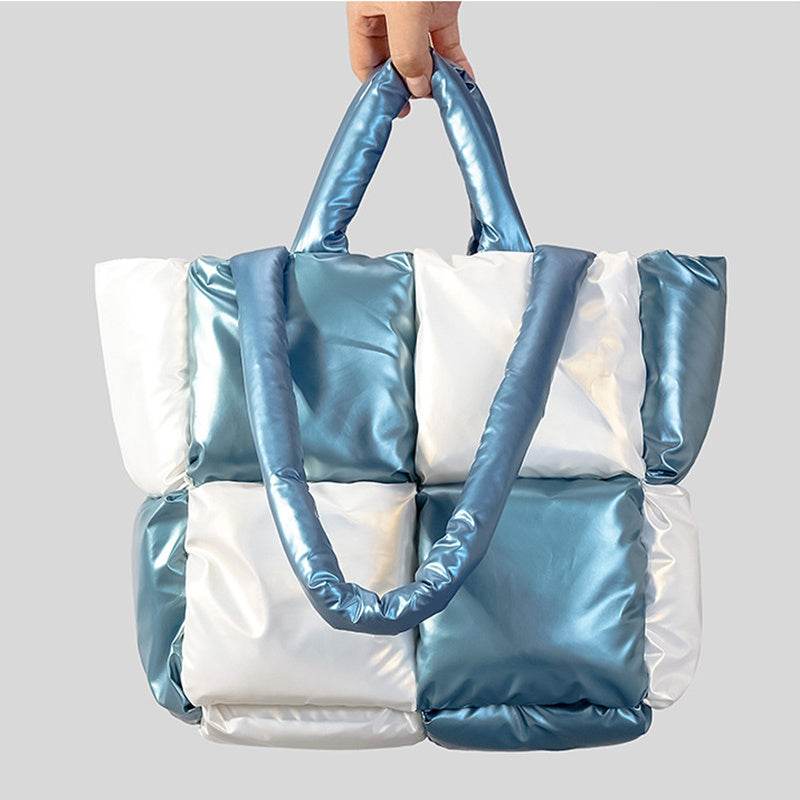 Women Handbags Winter Color Matching Down Cotton-padded Coat Tote Bag Soft Plaid Shoulder Bags - Mubimart