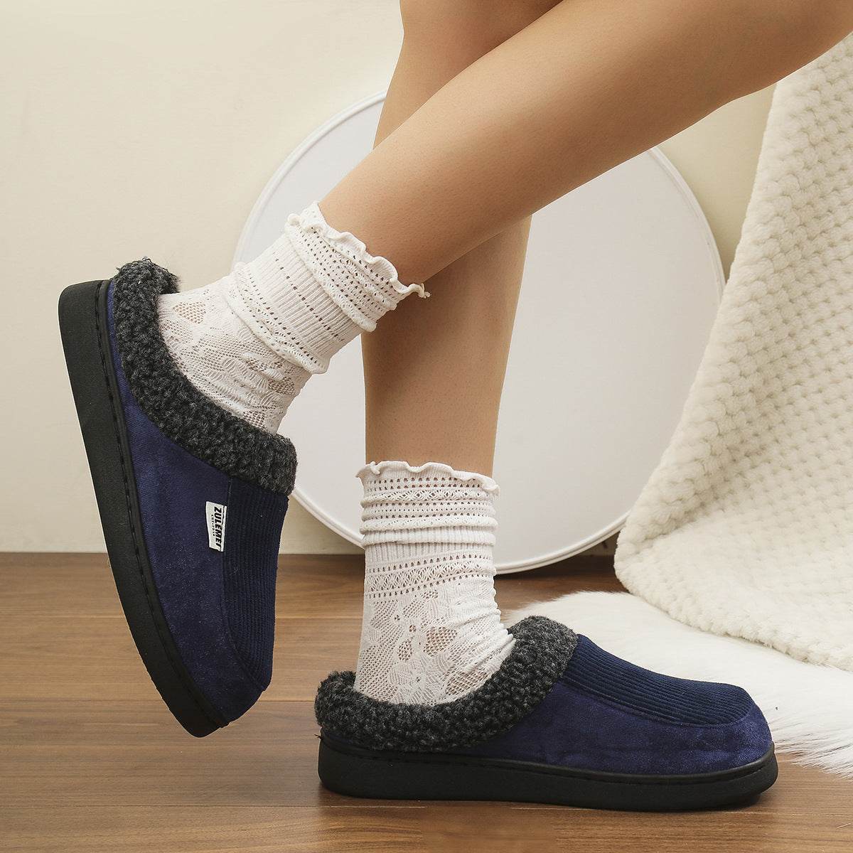 Fashion Solid Striped Cotton Slippers Winter Warm Indoor Bedroom Floor Slipper For Couples Non-slip Thick Sole House Shoes - Mubimart