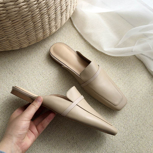 Flat Half Drag Square Toe Leather Mules - Mubimart