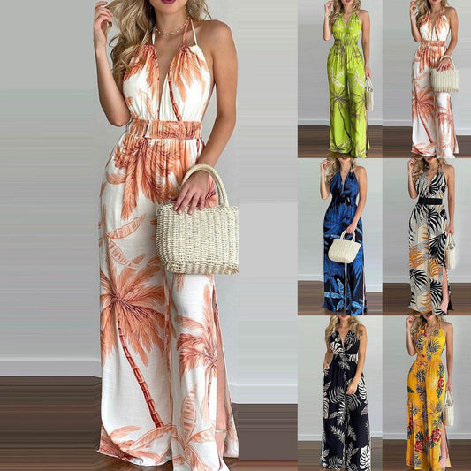 Printed Suspender Dress Plus Size Loose Jumpsuit - Mubimart