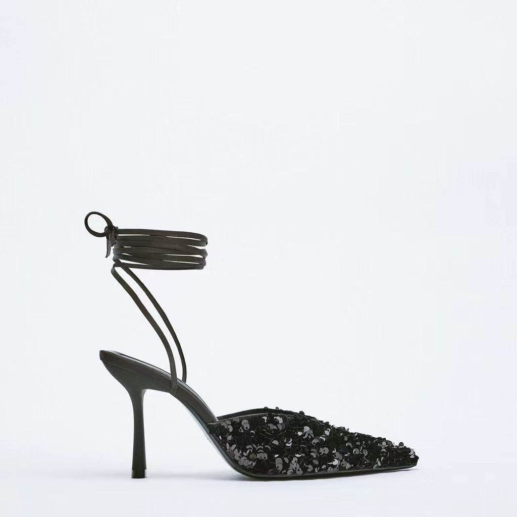 Women's Black Blue Sequin Slingback High Heel Mules - Mubimart