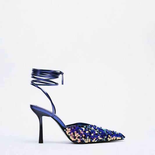 Women's Black Blue Sequin Slingback High Heel Mules - Mubimart