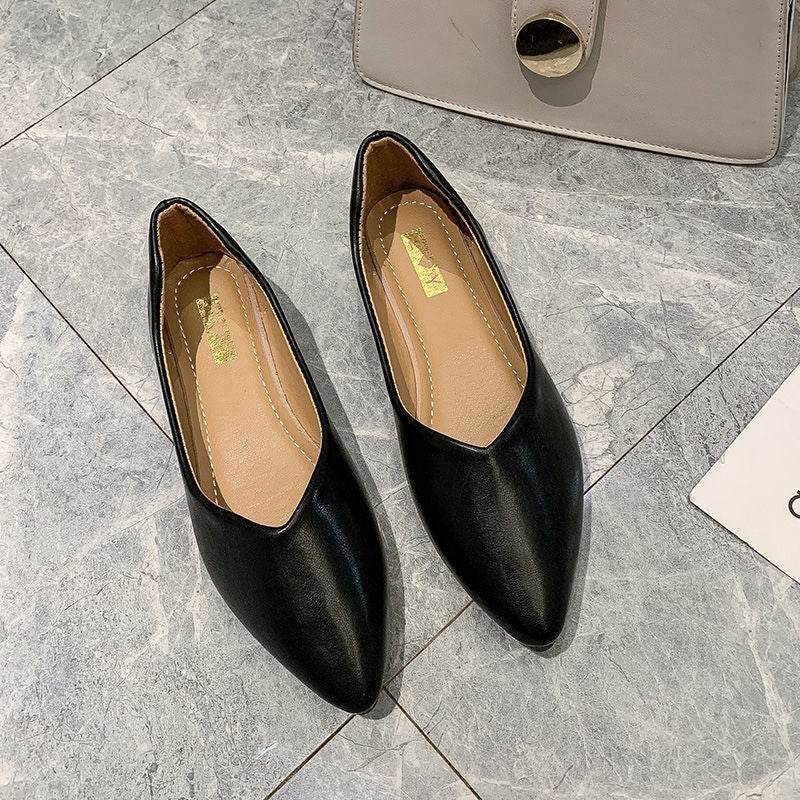 Summer New Pointed Flat Heels Black Leather Shoes Work Shoes Women's Shoes - Mubimart