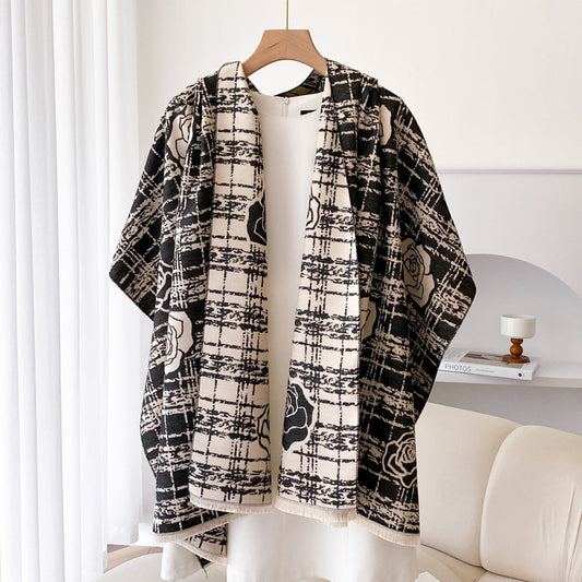 Cashmere-like Double-sided Scarf Camellia Tassel Air-conditioned Room Cloak