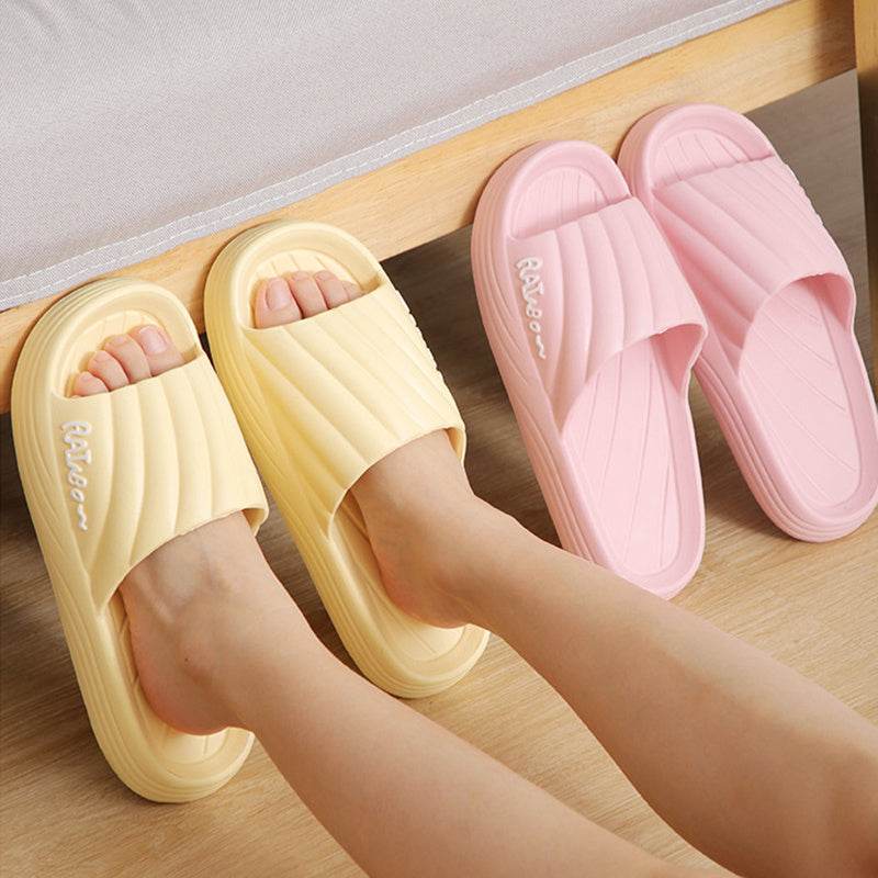 Solid Stripe Thick-soled Slippers Summer Non-slip Floor Bathroom Home Slipper For Women Men's House Shoes - Mubimart