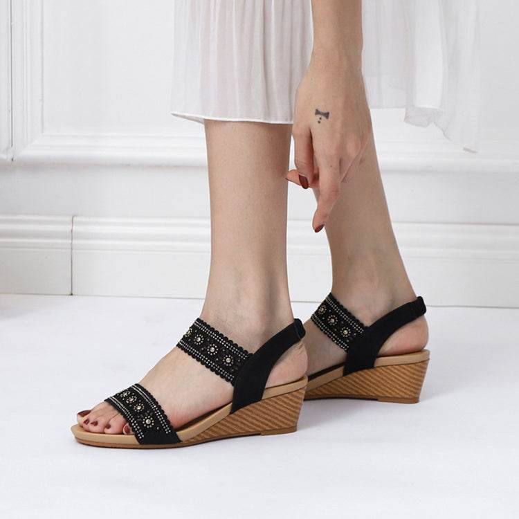 Flower Hollow Out Sandals With Rhinestones Wedges Shoes Women - Mubimart