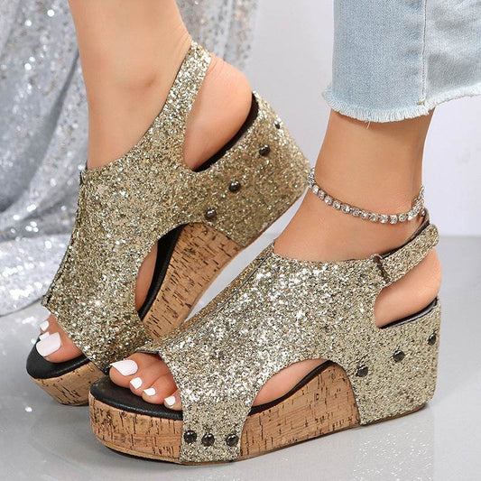 Summer Chunky Wedges Sandals Fashion Sequins Velcro Shoes Women - Mubimart
