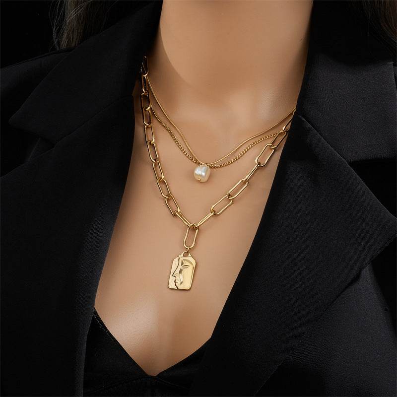 Fashion Jewelry Layered Face Portrait Chain Choker Necklace For Women Elegant Pearls Pendant Necklace Jewelry Accessories - Mubimart