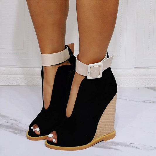 Sexy Wedge Heels With One-line Strappy Roman Heel Sandals - Mubimart