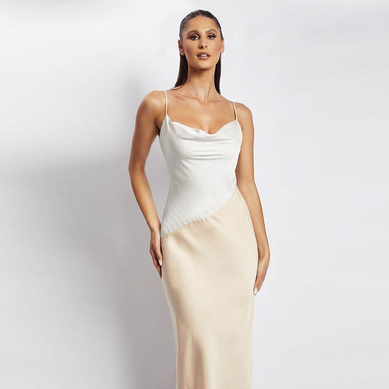 Irregular Colorblock Satin Slip Dress - Mubimart