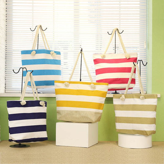 Striped Beach Bag Casual Large Capacity Women Shoulder Bags - Mubimart