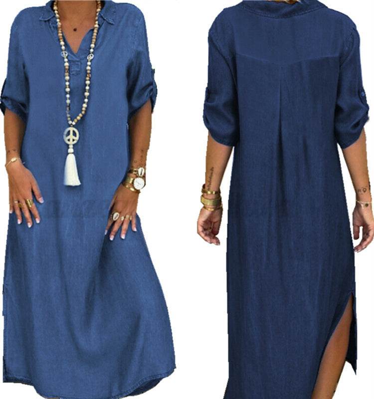 Solid Color Plus Size Dress With V-neck Denim Dress - Mubimart