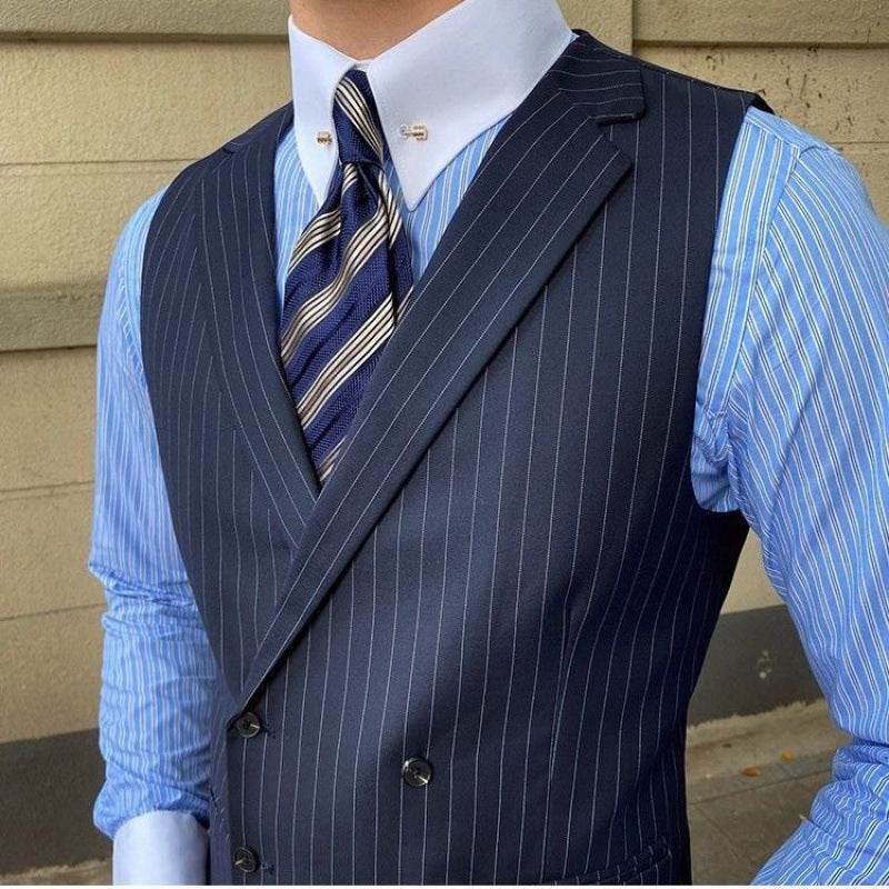 Men's Striped Suit Vest Italian Style Neapolitan Double Breasted Lapel Vest - Mubimart