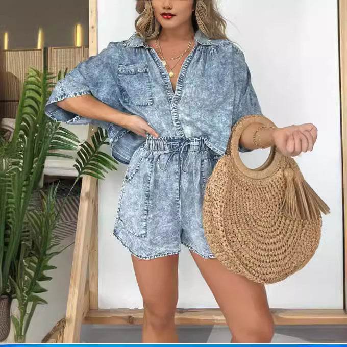 2pcs Loose Denim Suits Summer Casual Bat Sleeve Shirt And Drawstring Shorts With Pockets Women's Set - Mubimart