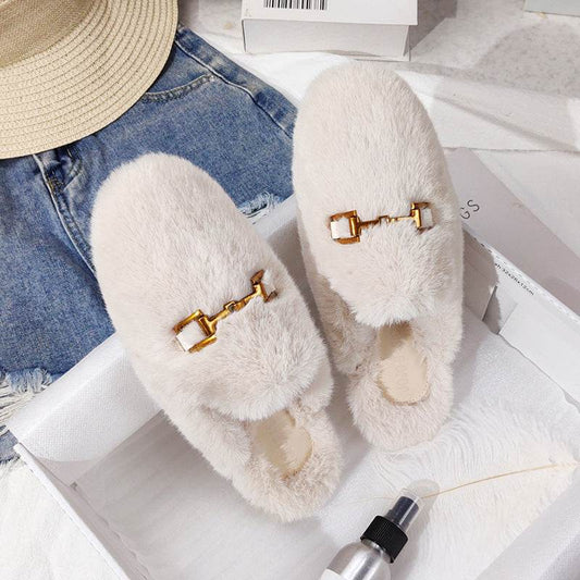 Fur Half Slippers Female Baotou Lazy People Wear Mules Outside - Mubimart
