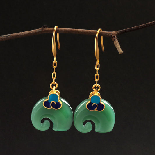 Niche Cold Enamel Xiangyun Elephant Hetian Jade Vintage Style Earrings