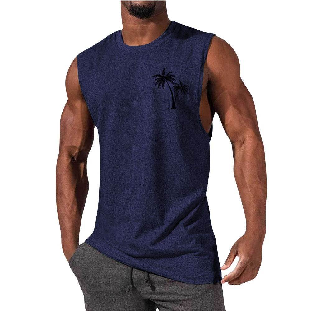 Coconut Tree Embroidery Vest Summer Beach Tank Tops Workout Muscle Men Sports Fitness T-shirt - Mubimart