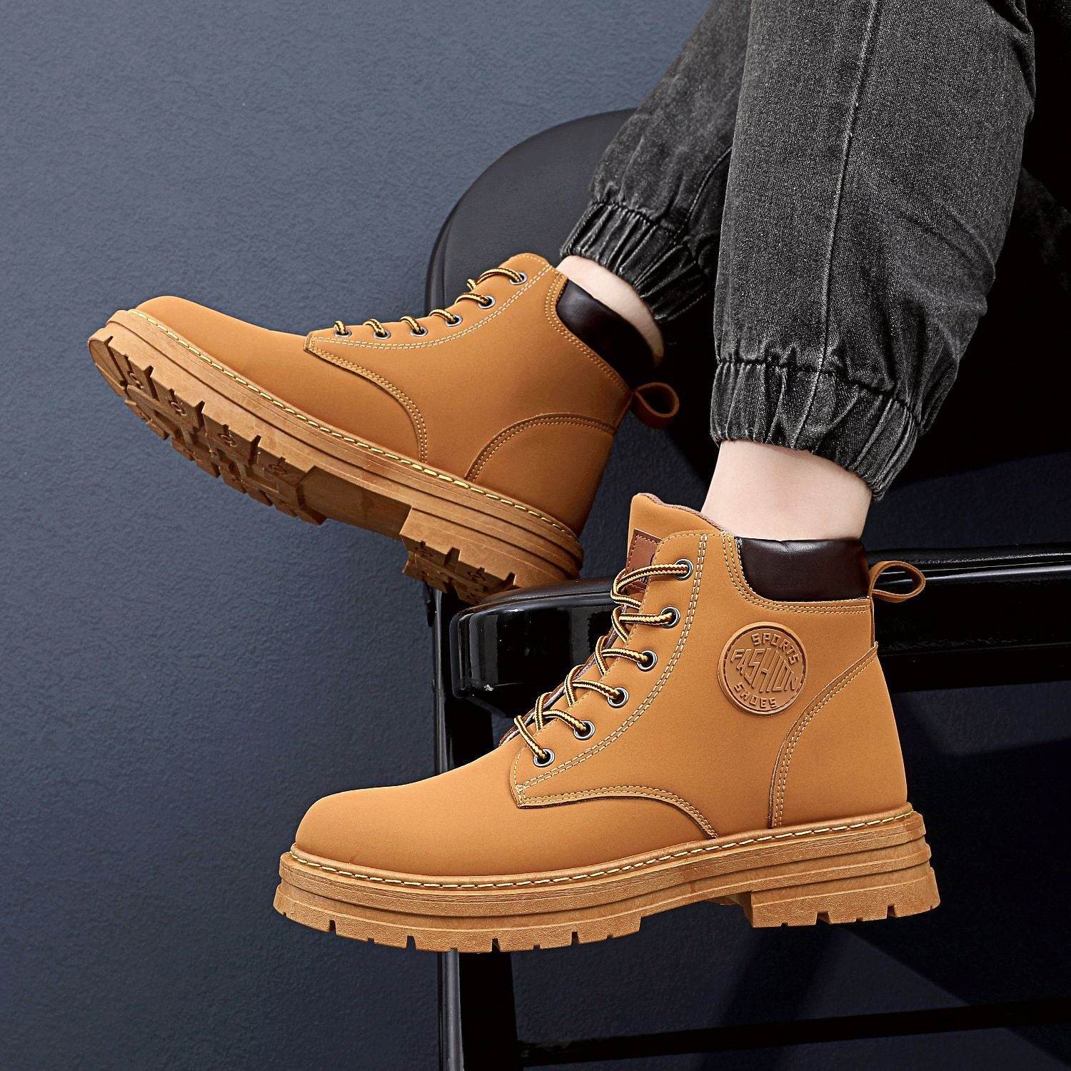 Mens Winter Boots Chunky Mid Heel Shoes Fashion Ankle Boots - Mubimart