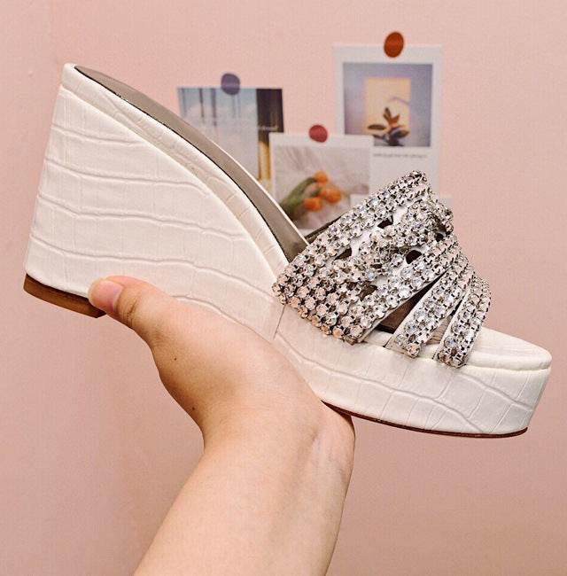 Fashion Wedge Heel Shiny Rhinestone Slippers - Mubimart