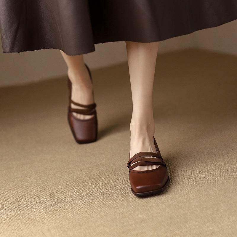 Niche Ins Square Toe Low-cut Shoes Female Retro Brown All-match Kitten Heels - Mubimart