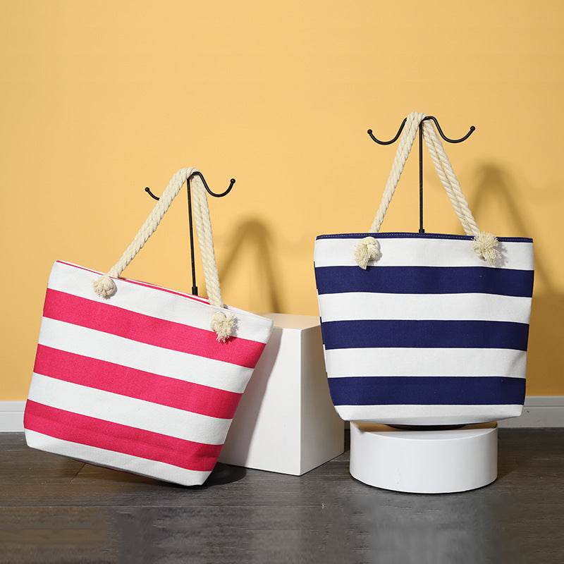 Striped Beach Bag Casual Large Capacity Women Shoulder Bags - Mubimart