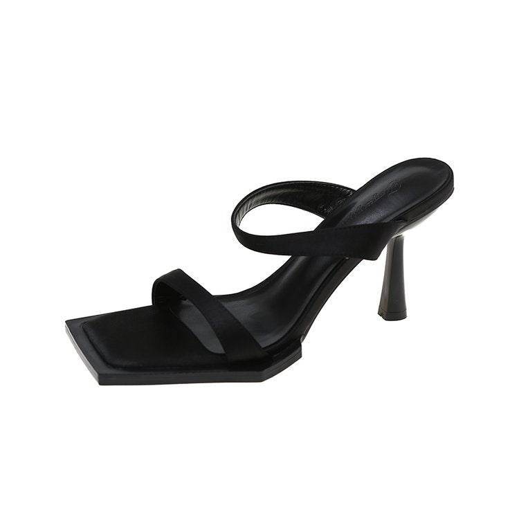 Square Toe Satin Open Toe Ankle-strap Stilettos Outdoor Slippers - Mubimart