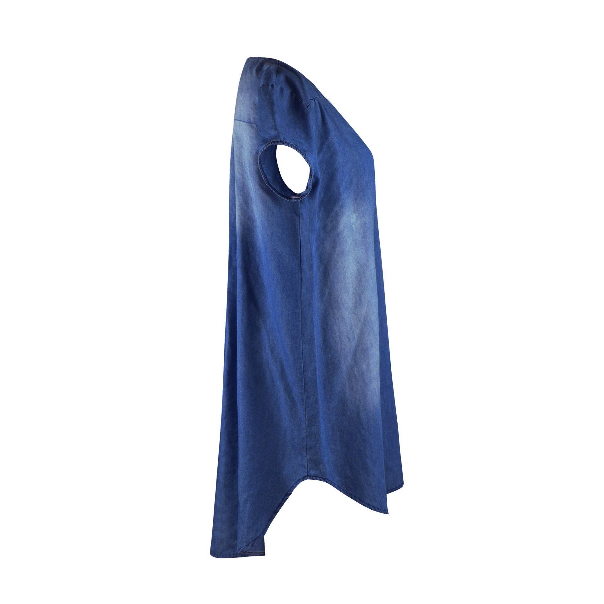 Round Neck Pleated Loose Solid Color Casual Plus Size Denim Dress - Mubimart