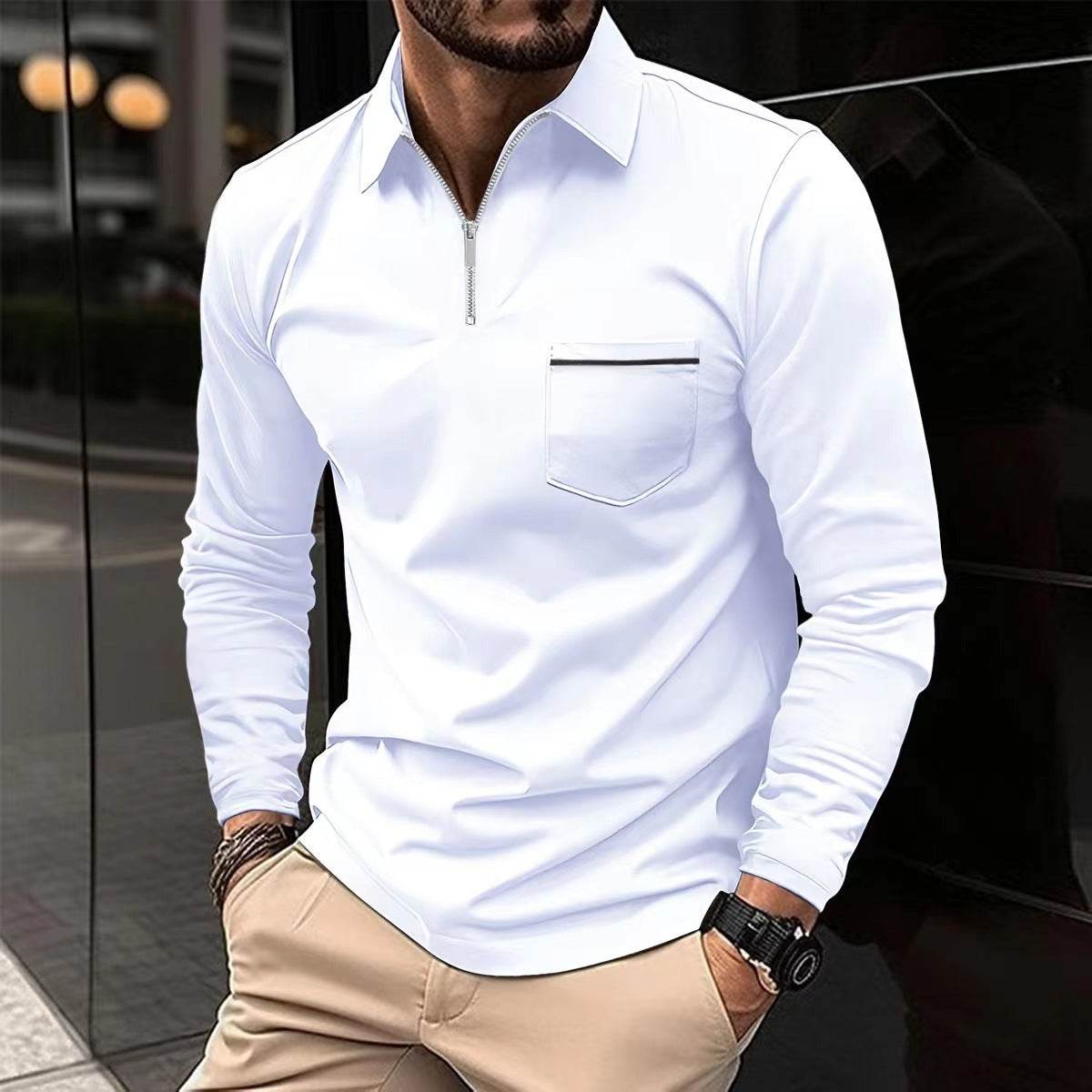 Autumn Polo Shirt Zipper Men's Long Sleeve Polo Shirt - Mubimart