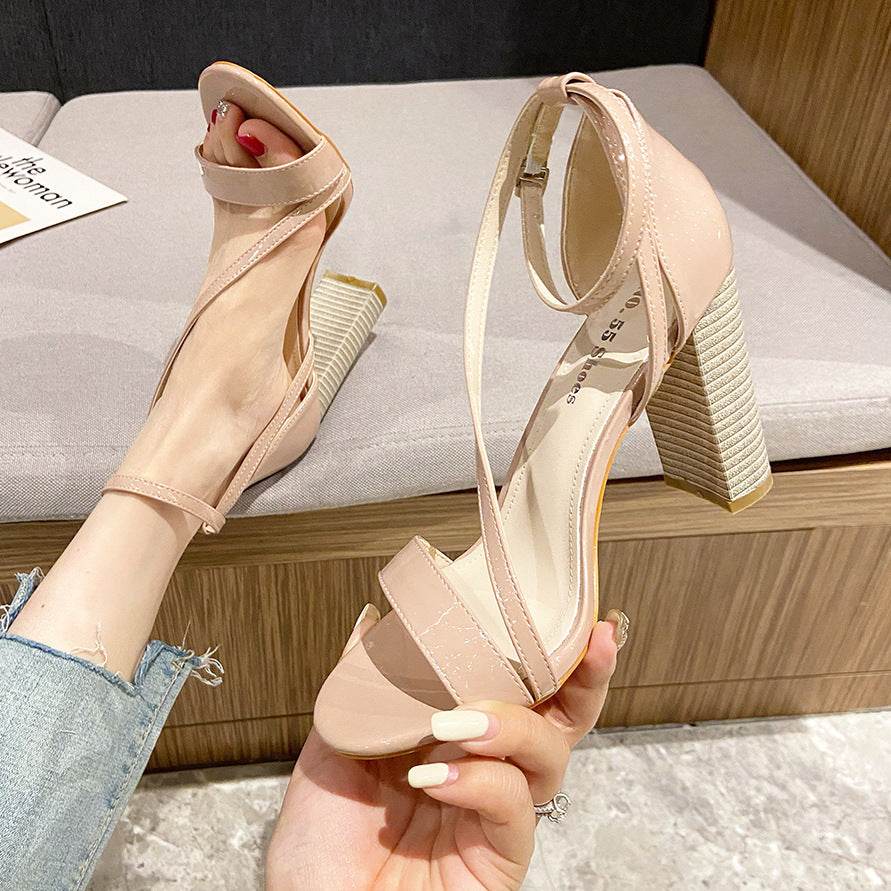 Stiletto Block-heel Open-toe High-heel Sandals - Mubimart
