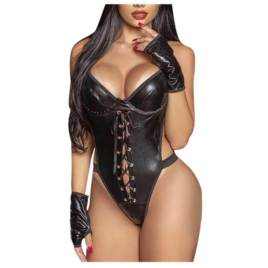 European And American Plus Size Lingerie Womens Patent Leather Uniform - Mubimart