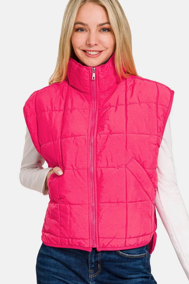 Zenana Zip Up Cropped Puffer Vest With Pockets - Mubimart