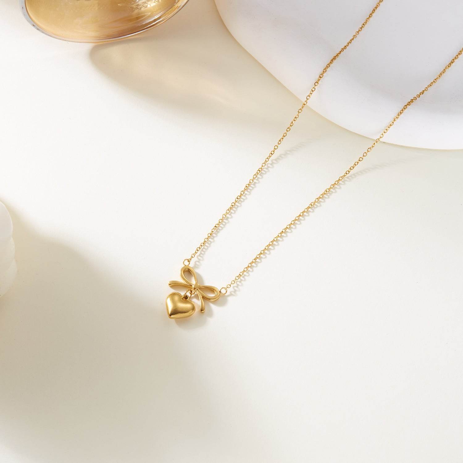 Stainless Steel New Fashion Fine Waterproof Jewelry Love Heart Bowknot Shape Charm Chain Choker Necklaces Pendant For Women Fashion Jewelry - Mubimart