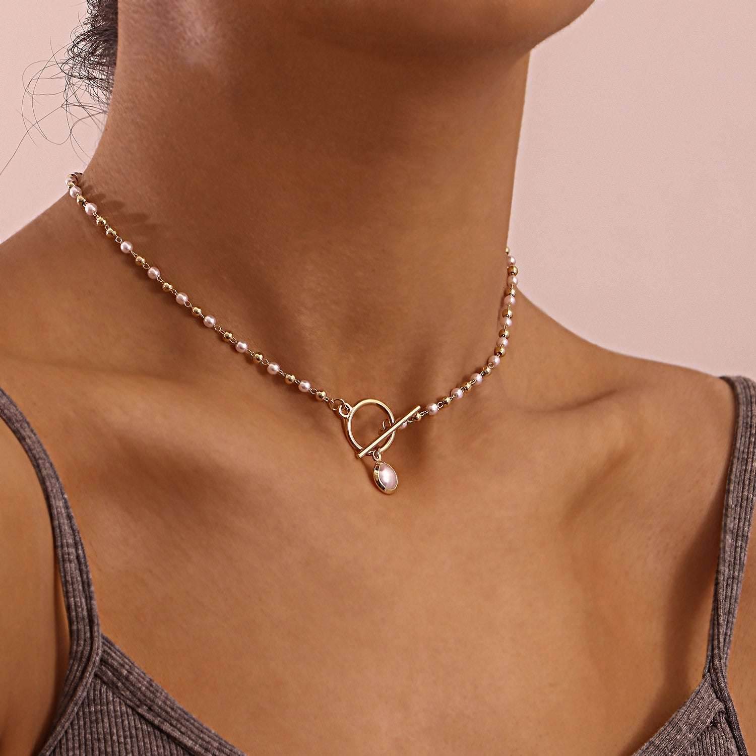 Simple Pearl Chain OT Buckle Necklace Women - Mubimart