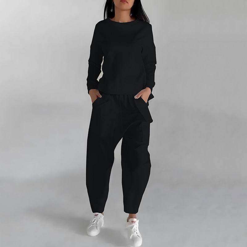 Solid Color Fashion Sweatshirt Long Sleeve Back Slit Top With Pockets Loose Trousers Women's Clothing - Mubimart